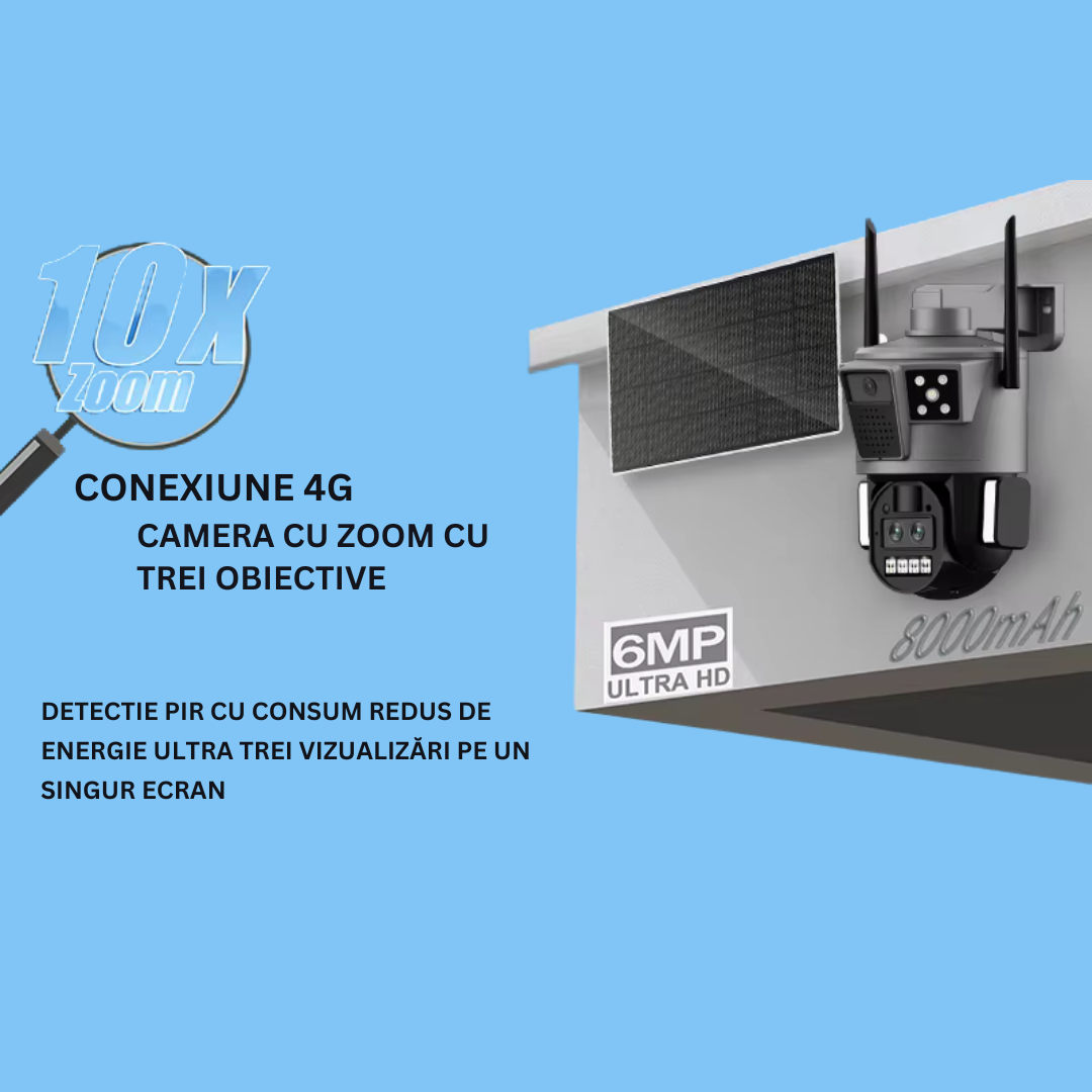 Camera de Supraveghere Solara 4G Cartela SIM 4K , Zoom 10X, Panou Solar 14W, Rezistenta La Apa IP 66