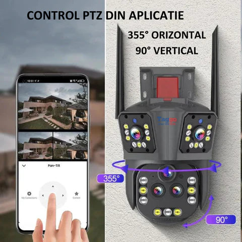 Camera de supraveghere WIFI 10K, 20MP, Zoom 20X, 5 lentile, Control din aplicatie, Comunicare bidirectionala, Urmarire automata, Card 128GB - Taggo.ro
