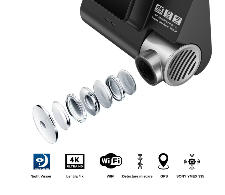 Camera Auto V55PRO 4K + camera spate 1080P, WiFi, WDR, Viziune nocturna