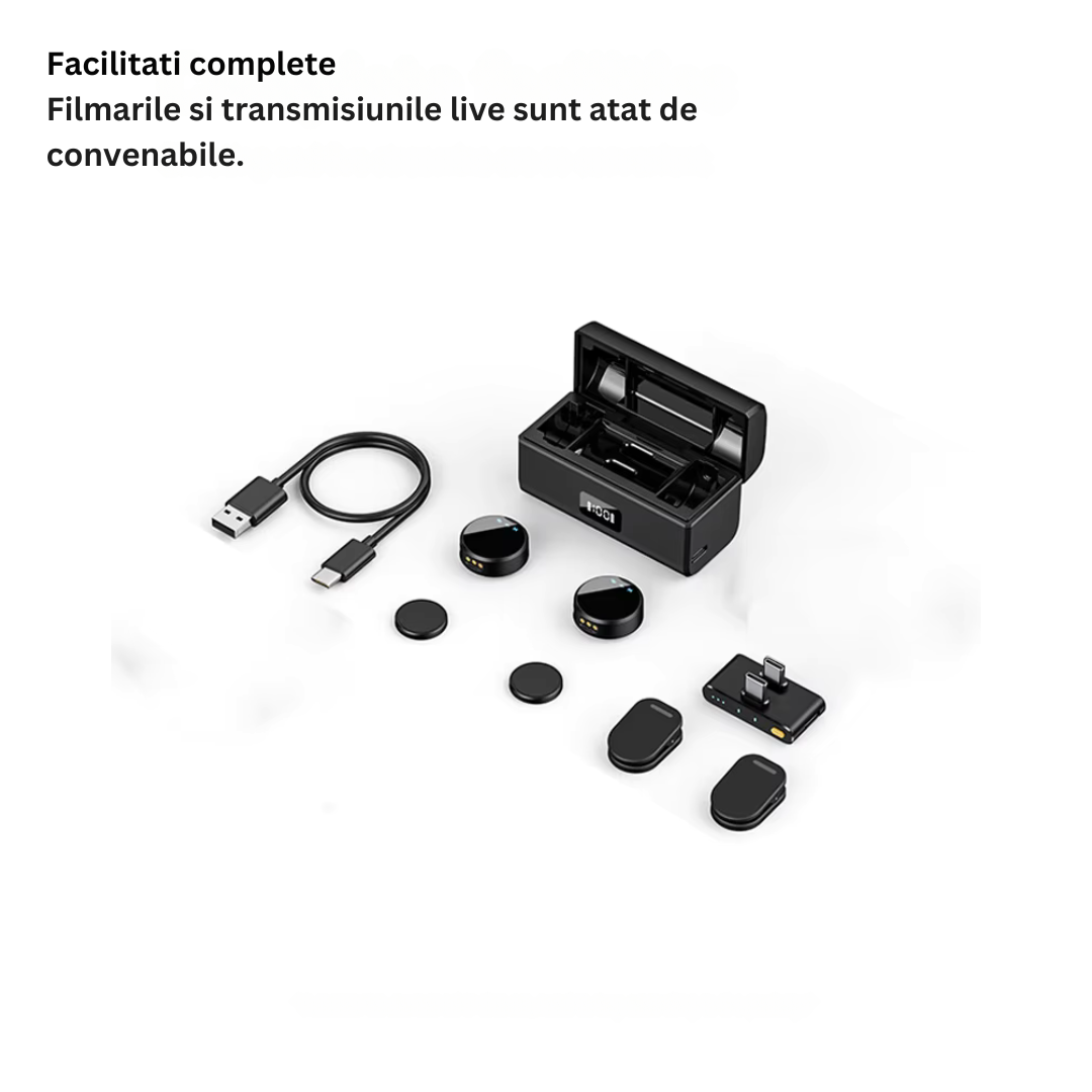 Lavaliera Wireless 3 in 1 – Microfon Magnetic Portabil pentru Telefon Mobil, Vlog si Streaming
