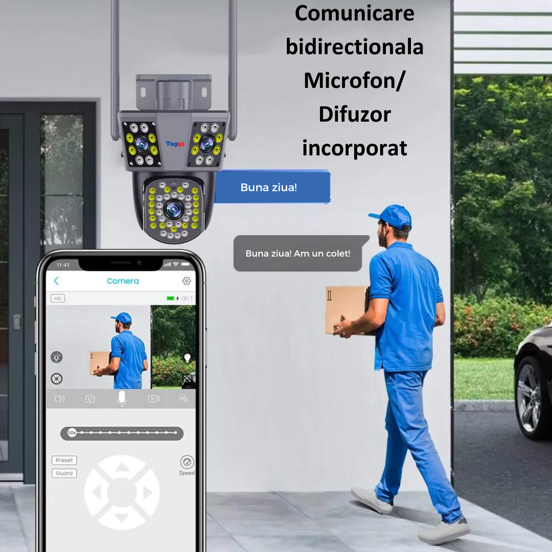 Camera de supraveghere WIFI 3K, 3 lentile, Control din aplicatie, Urmarire automata, Rezistenta la apa IP66 - Taggo.ro