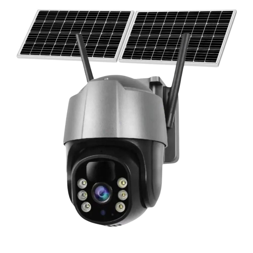 Camera de Supraveghere Solara 4G Cartela SIM 5 MP, Zoom 10X, Full HD 1080p, Panou Solar Dublu 20W, Rezistenta La Apa IP 66, Gri, Card 64GB