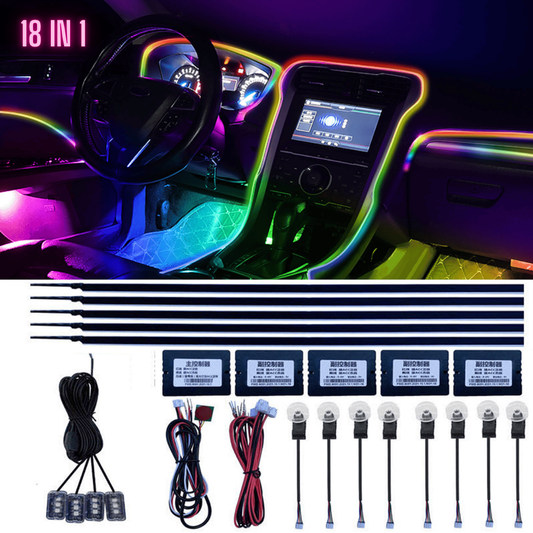 Kit Lumini Ambientale RGB 12V pentru Interior Auto, 18 în 1, Acrilic, 64 Culori, Iluminare Bord, Usi, Manere, Podea, Efecte Premium, Control prin Aplicatie