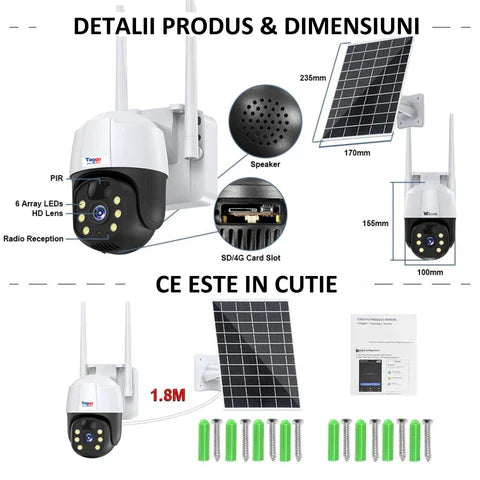 Camera de Supraveghere Solara 4G Cartela SIM 5 MP, Zoom 10X, Full HD, Panou Solar 9W Rezistenta La Apa IP 66