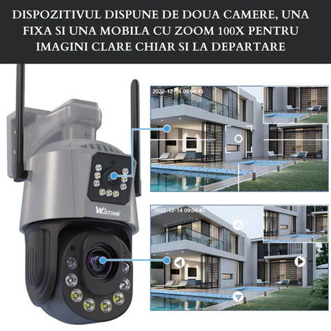 Camera de supraveghere 4G Cartela SIM 6K, 50X, 2 lentile, Control din aplicatie, Detectie umana, Rezistenta la apa IP66 - Taggo.ro