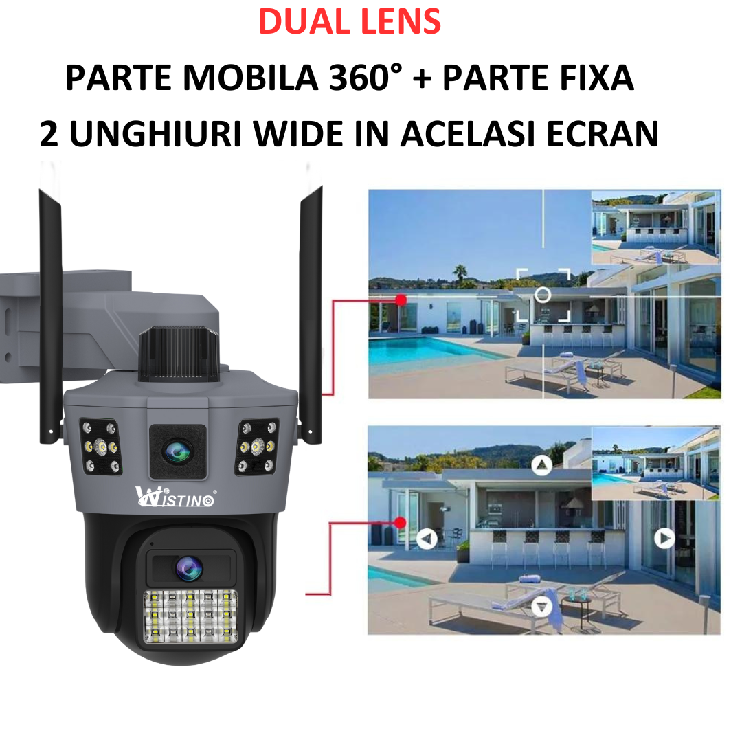 Camera de supraveghere WiFi 6K, 2 lentile, Control din aplicatie, Urmarire automata, Rezistenta la apa IP66