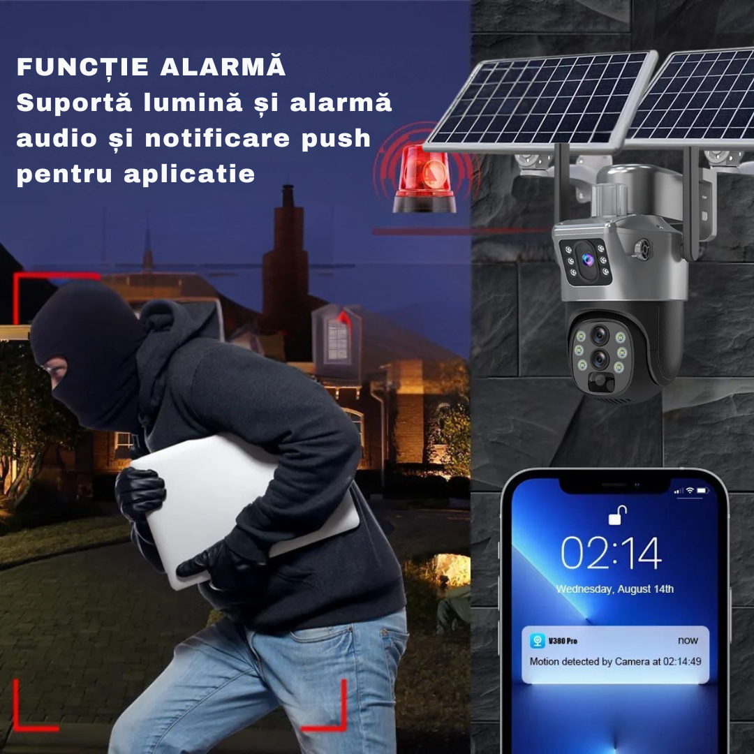 Camera supraveghere Gri 4G 4K ULTRA HD, 8MP, ZOOM 10X, 2 x Panou solar 10W, Rezistenta la apa IP66 + Card 64GB