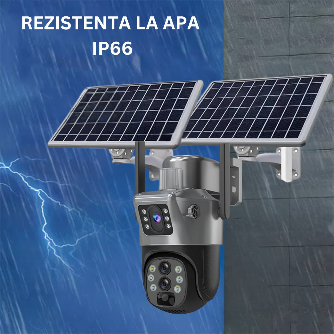 Camera supraveghere Gri 4G 4K ULTRA HD, 8MP, ZOOM 10X, 2 x Panou solar 10W, Rezistenta la apa IP66 + Card 64GB