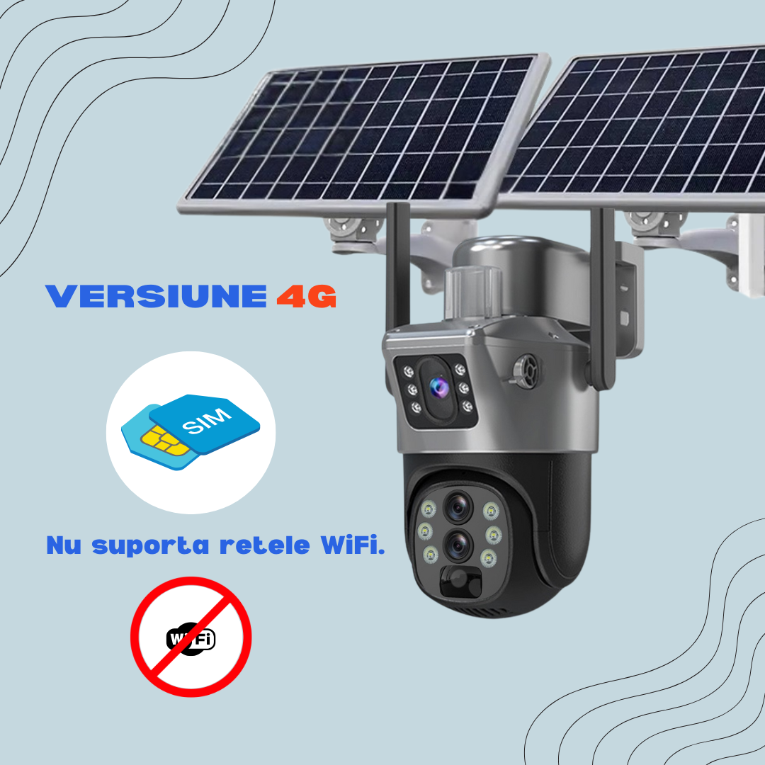 Camera supraveghere Gri 4G 4K ULTRA HD, 8MP, ZOOM 10X, 2 x Panou solar 10W, Rezistenta la apa IP66 + Card 64GB