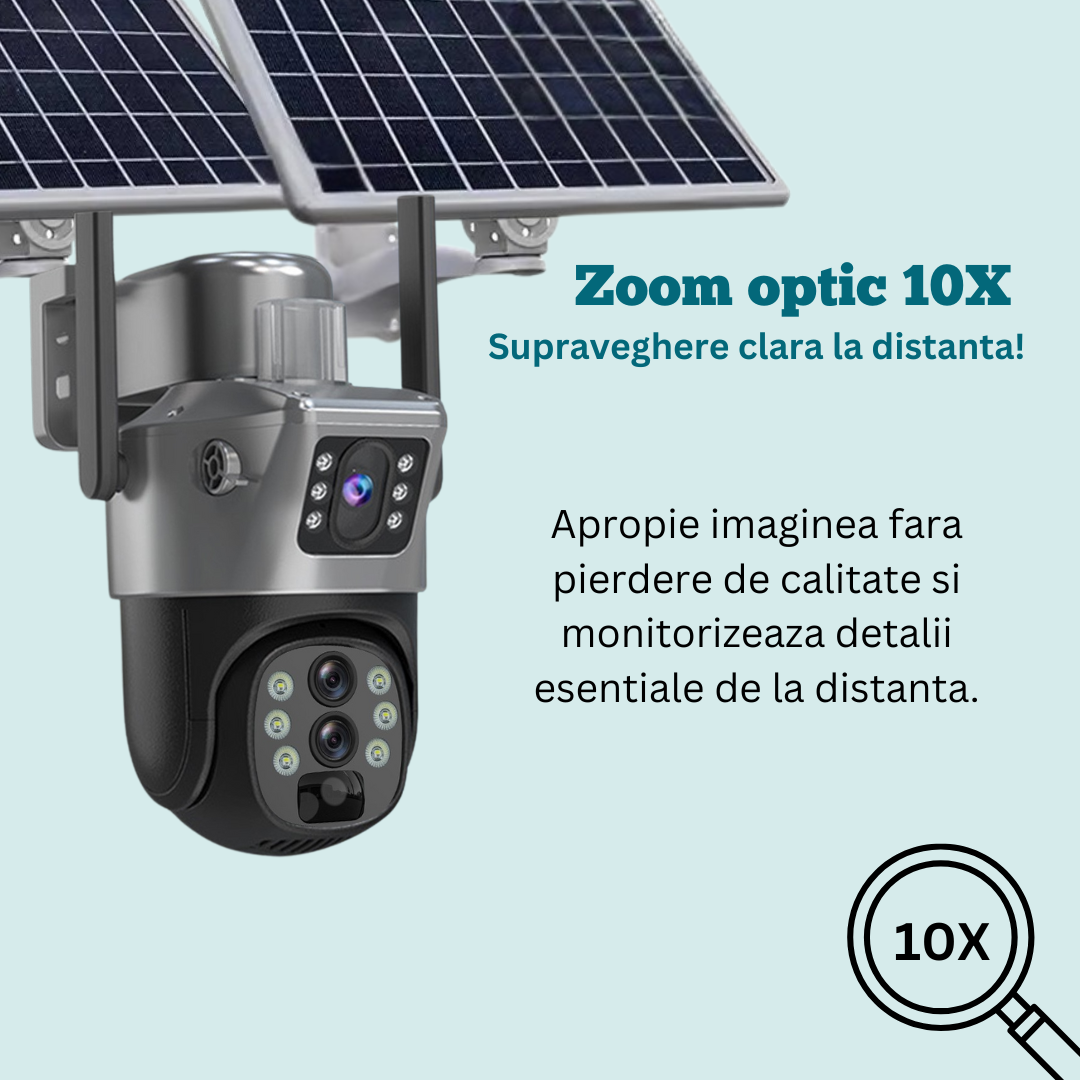 Camera supraveghere Gri 4G 4K ULTRA HD, 8MP, ZOOM 10X, 2 x Panou solar 10W, Rezistenta la apa IP66 + Card 64GB