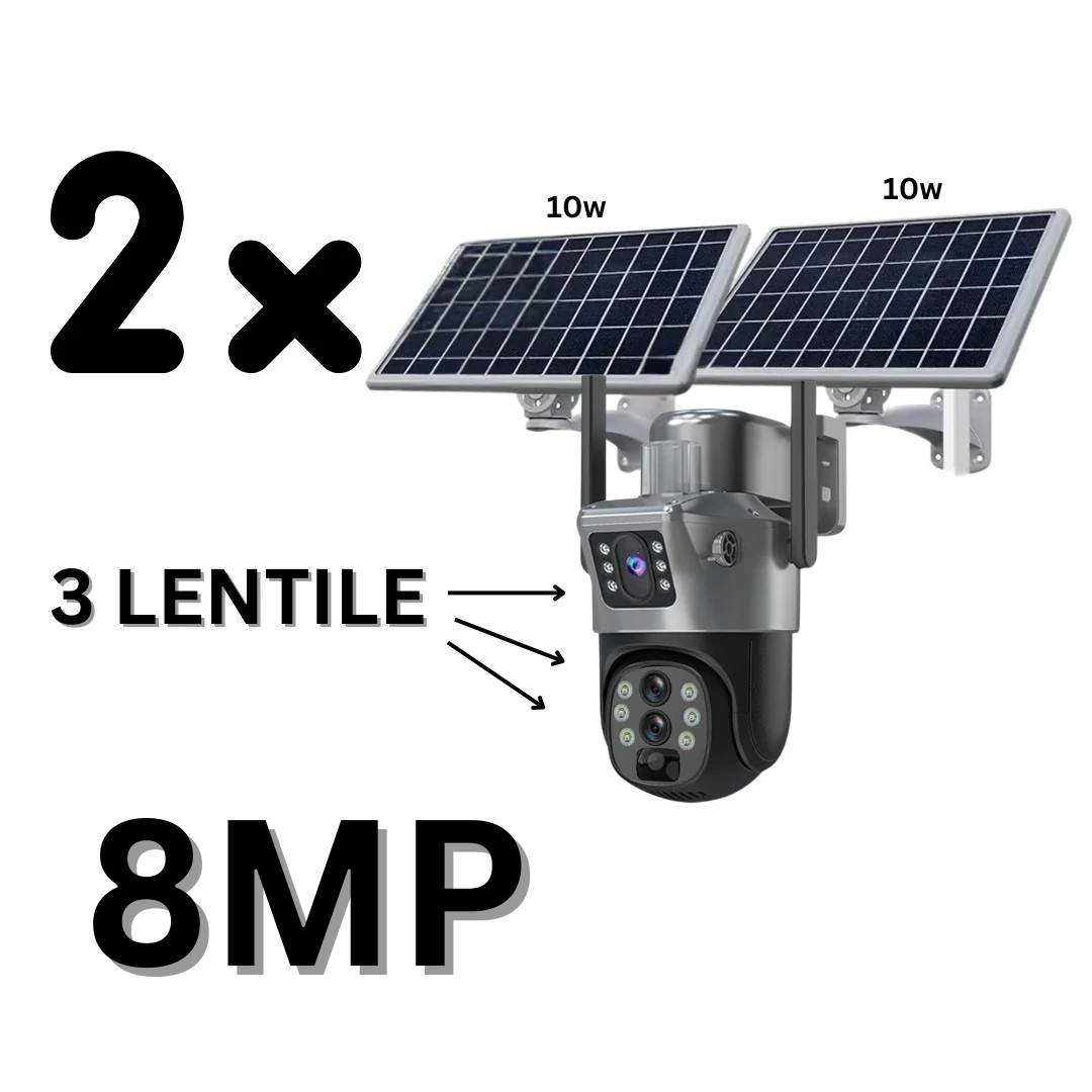 Camera supraveghere Gri 4G 4K ULTRA HD, 8MP, ZOOM 10X, 2 x Panou solar 10W, Rezistenta la apa IP66 + Card 64GB