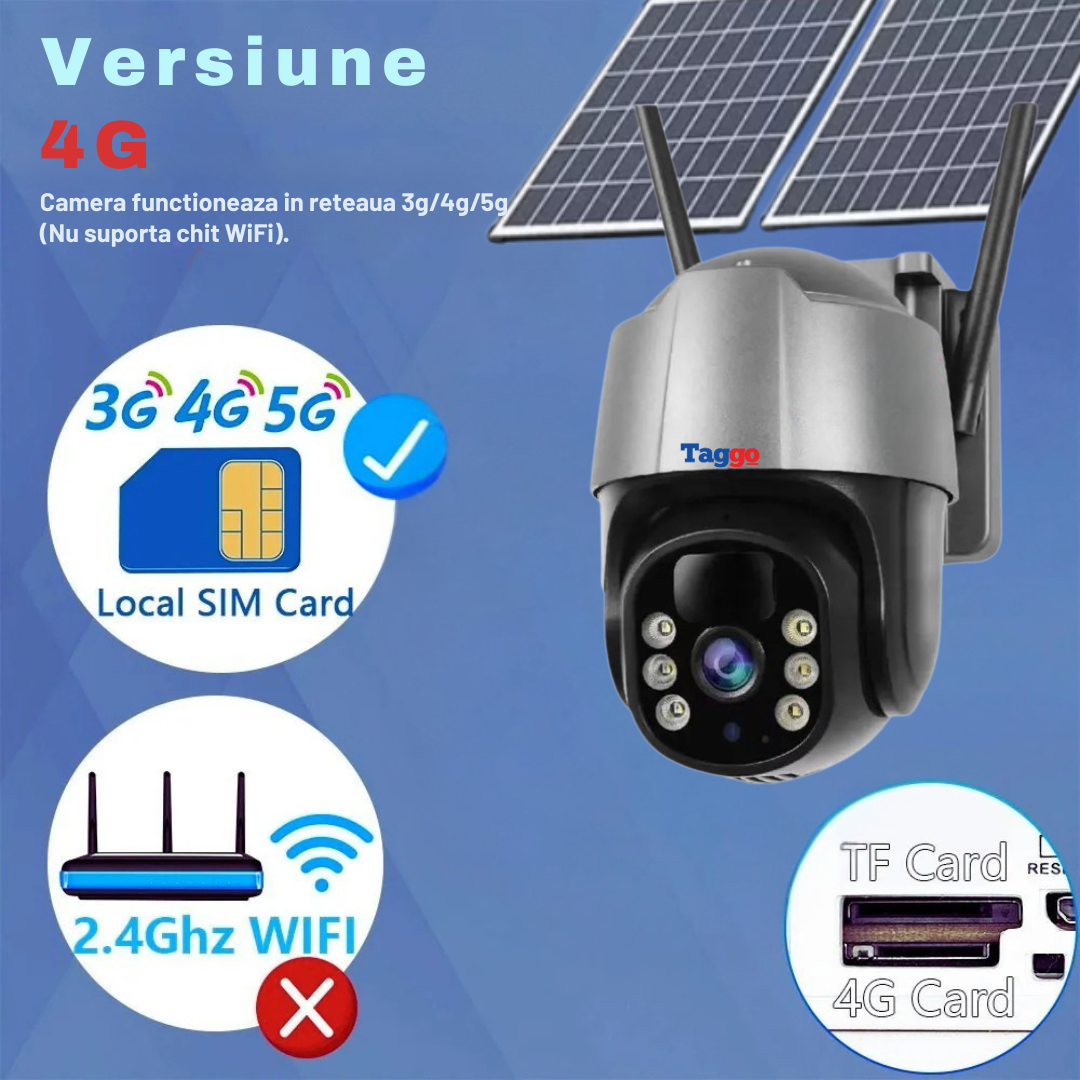 Camera de Supraveghere Solara 4G Cartela SIM 5 MP, Zoom 10X, Full HD 1080p, Panou Solar Dublu 20W, Rezistenta La Apa IP 66, Gri, Card 64GB