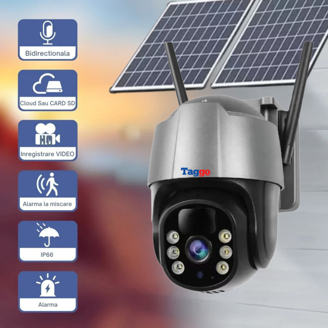 Camera de Supraveghere Solara 4G Cartela SIM 5 MP, Zoom 10X, Full HD 1080p, Panou Solar Dublu 20W, Rezistenta La Apa IP 66, Gri, Card 64GB