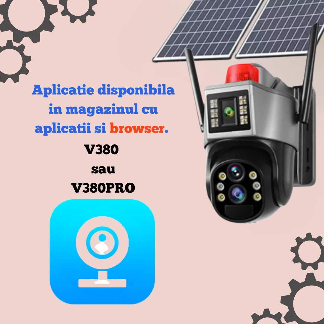 Camera de supraveghere cu dublu panou solar 4K, conexiune 4G Cartela SIM, Zoom 10X, Control din aplicatie, Detectie umana, Urmarire automata, IP66, Card 64GB