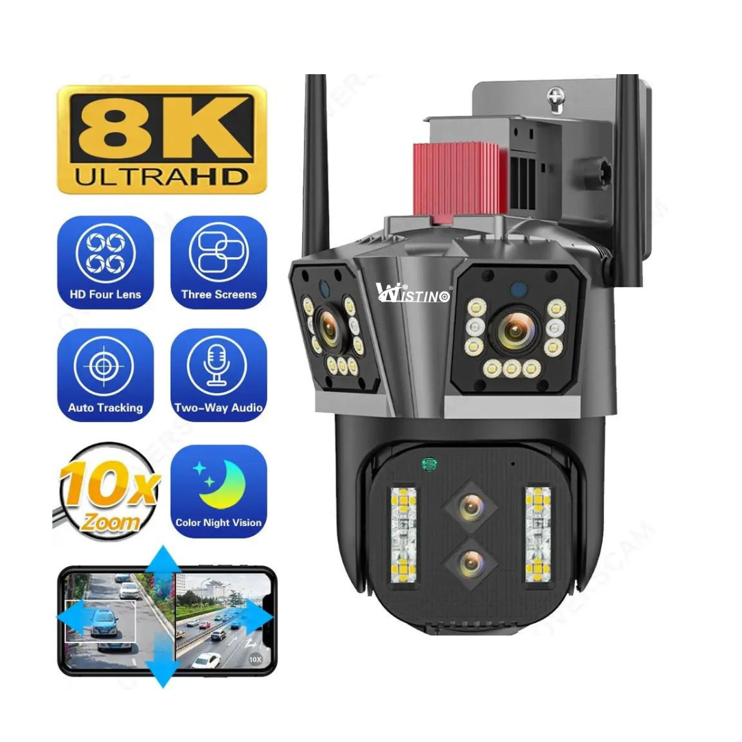 Camera de supraveghere WIFI 8K, 16MP, Zoom 10X, 4 lentile, Control din aplicatie, Comunicare bidirectionala, Urmarire automata - Taggo.ro