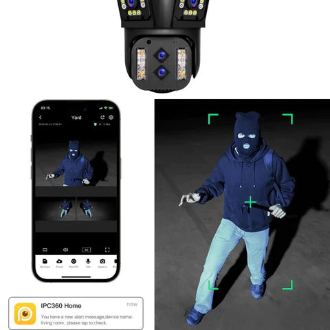 Camera de supraveghere Zoom 10X, WIFI 8K, 16MP, 4 lentile, Control din aplicatie, Comunicare bidirectionala, Urmarire automata, Card 128GB - Taggo.ro
