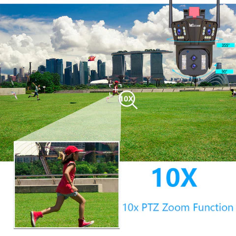 Camera de supraveghere Zoom 10X, WIFI 8K, 16MP, 4 lentile, Control din aplicatie, Comunicare bidirectionala, Urmarire automata, Card 128GB - Taggo.ro