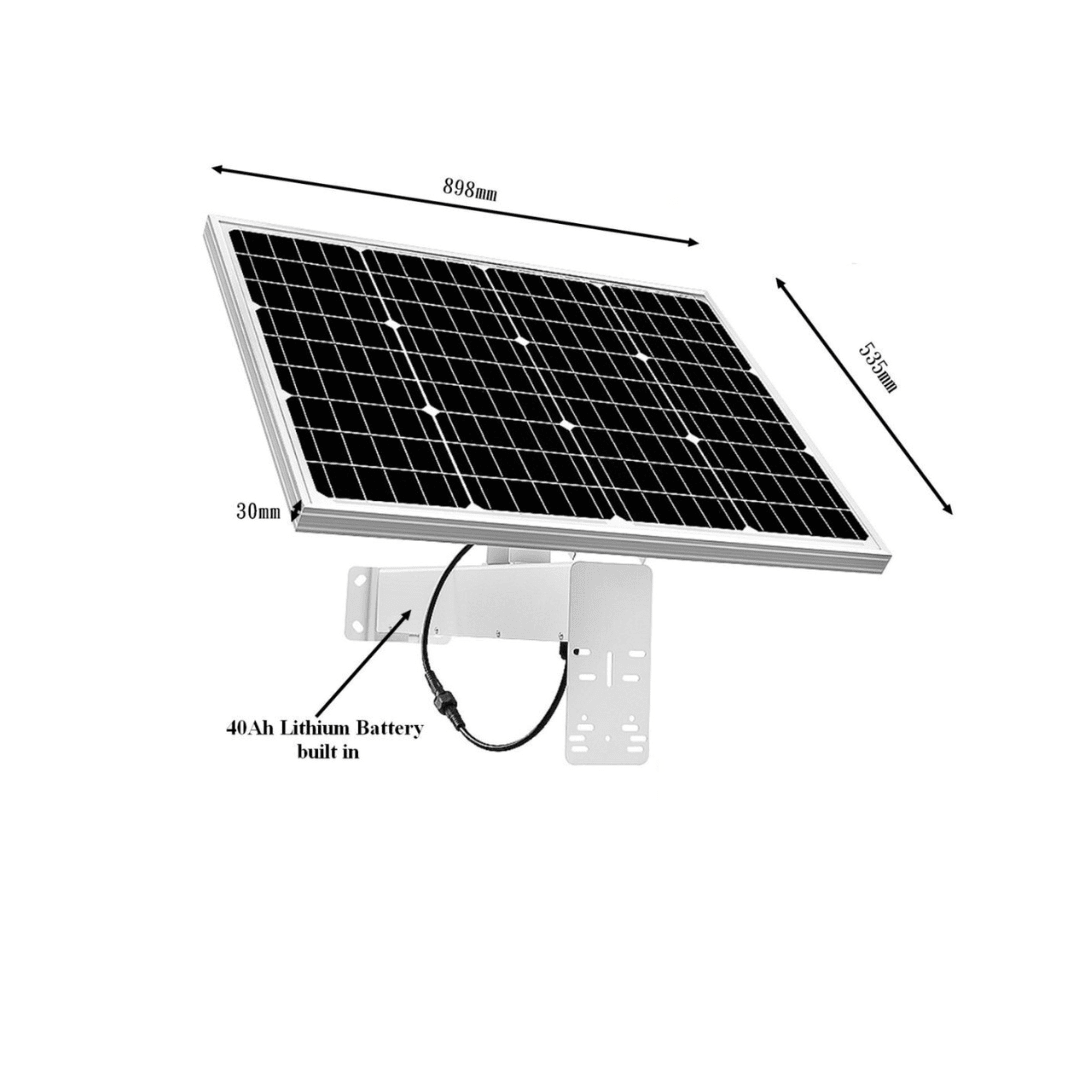 Panou solar Taggo de 80W cu baterie de 40Ah, pentru camere de supraveghere, ieșire 12V, în design modern și compact.