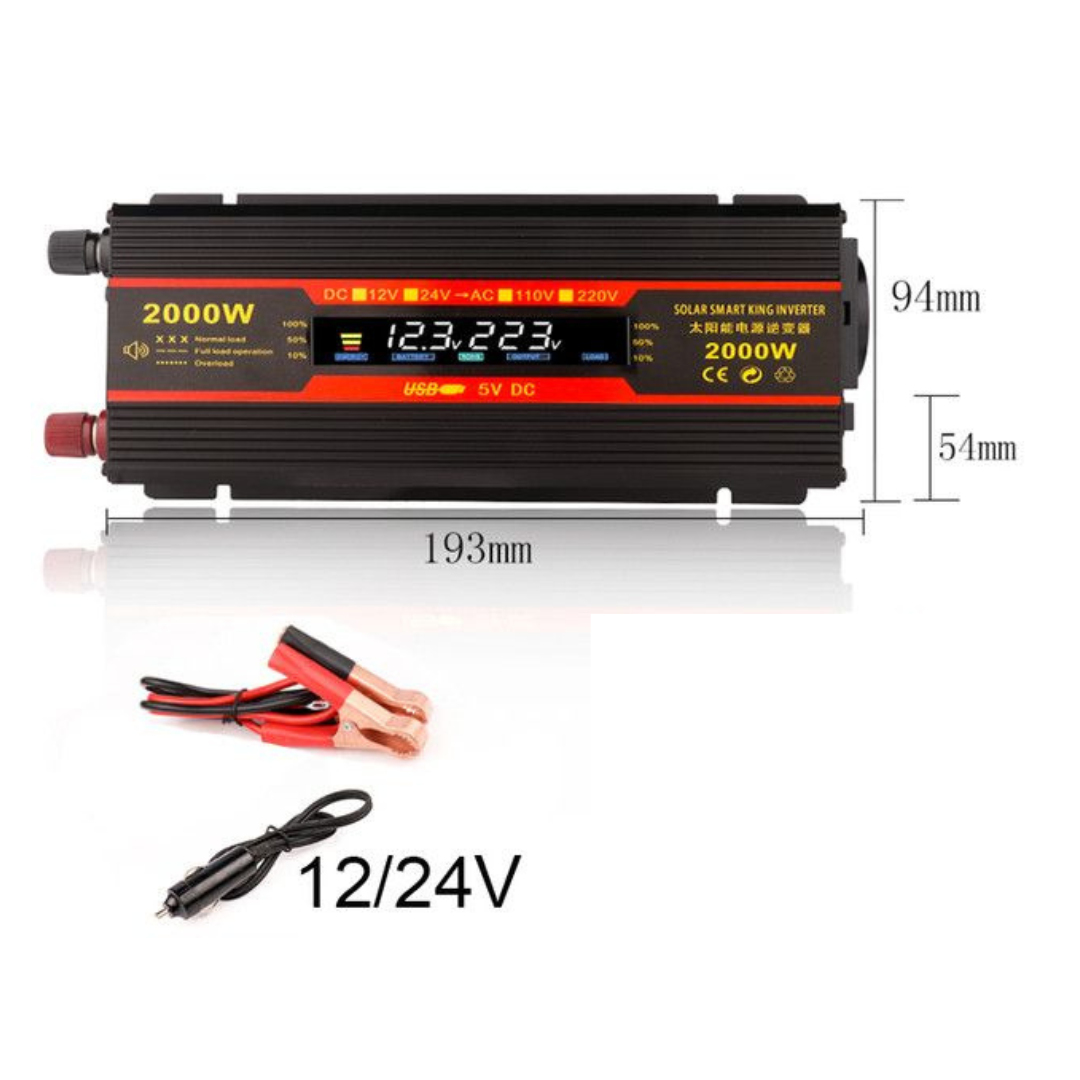 Invertor 12v 220v 2000w Unda Modificata cu Display, 1 Iesire AC Protectie Scurtcircuit 2 USB, Adaptor Auto Inclus
