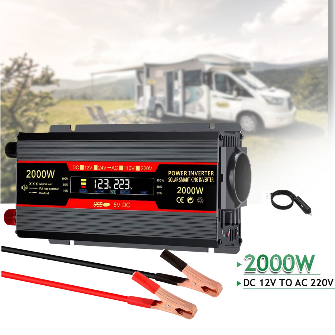 Invertor 12v 220v 2000w Unda Modificata cu Display, 1 Iesire AC Protectie Scurtcircuit 2 USB, Adaptor Auto Inclus
