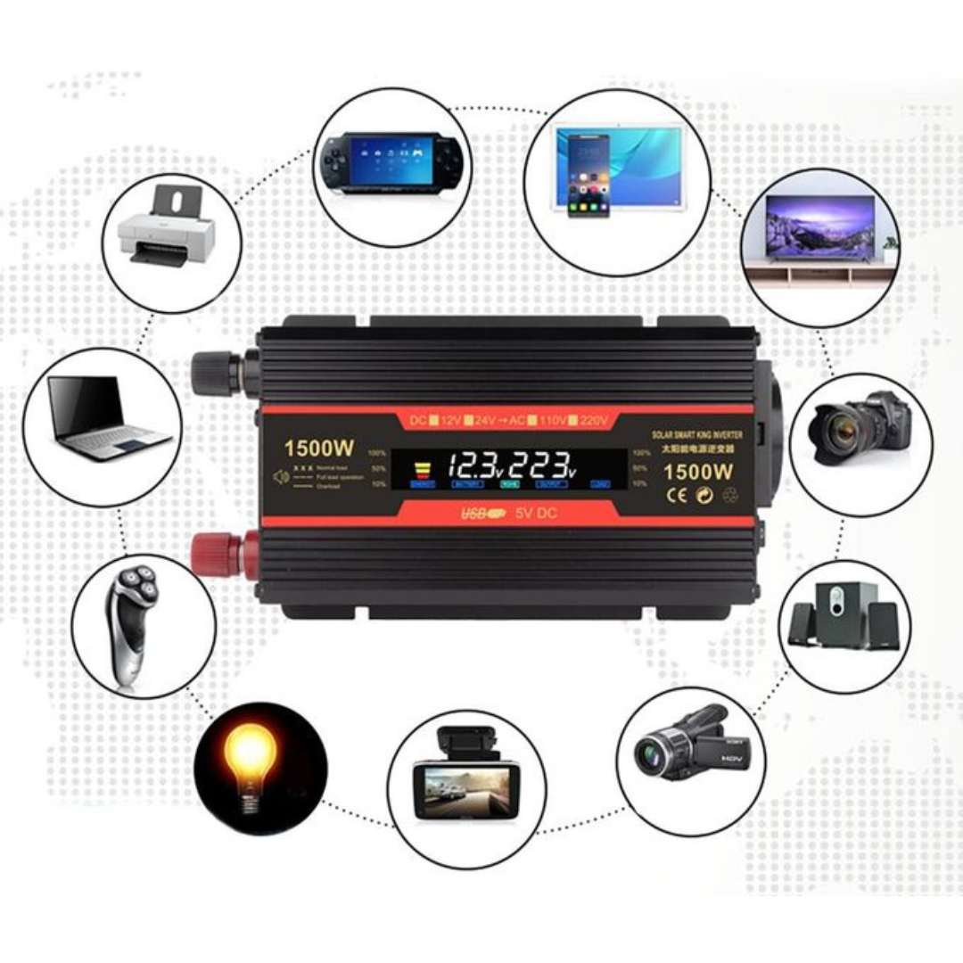 Invertor 12v 220v 1500w Unda Modificata cu Display, 1 Iesire AC Protectie Scurtcircuit 2 USB, Adaptor Auto Inclus