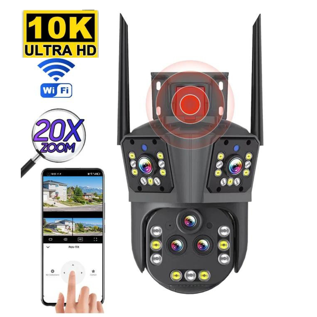 Camera de supraveghere WIFI 10K, 20MP, Zoom 20X, 5 lentile, Control din aplicatie, Comunicare bidirectionala, Urmarire automata, Card 128GB - Taggo.ro