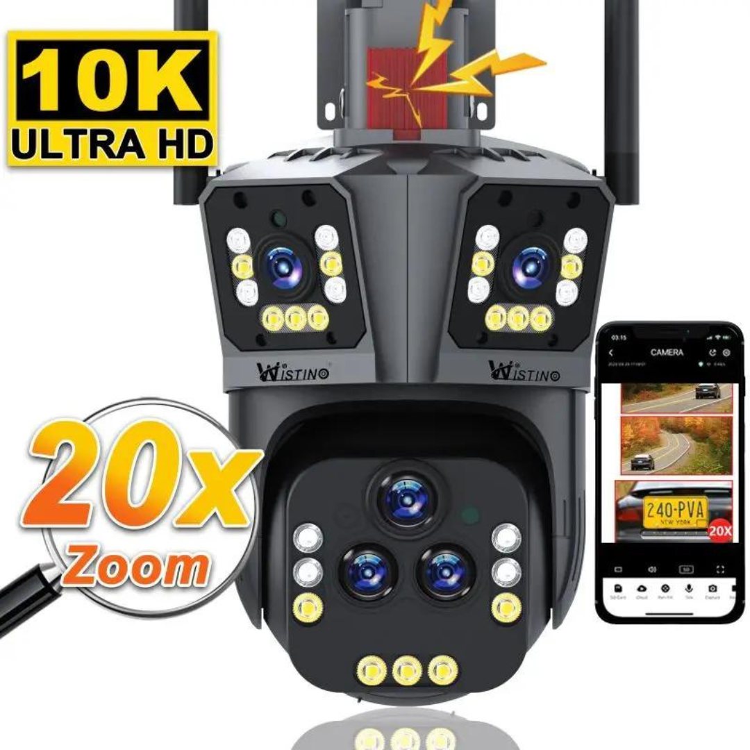 Camera de supraveghere WIFI 10K, 20MP, Zoom 20X, 5 lentile, Control din aplicatie, Comunicare bidirectionala, Urmarire automata, Card 128GB - Taggo.ro