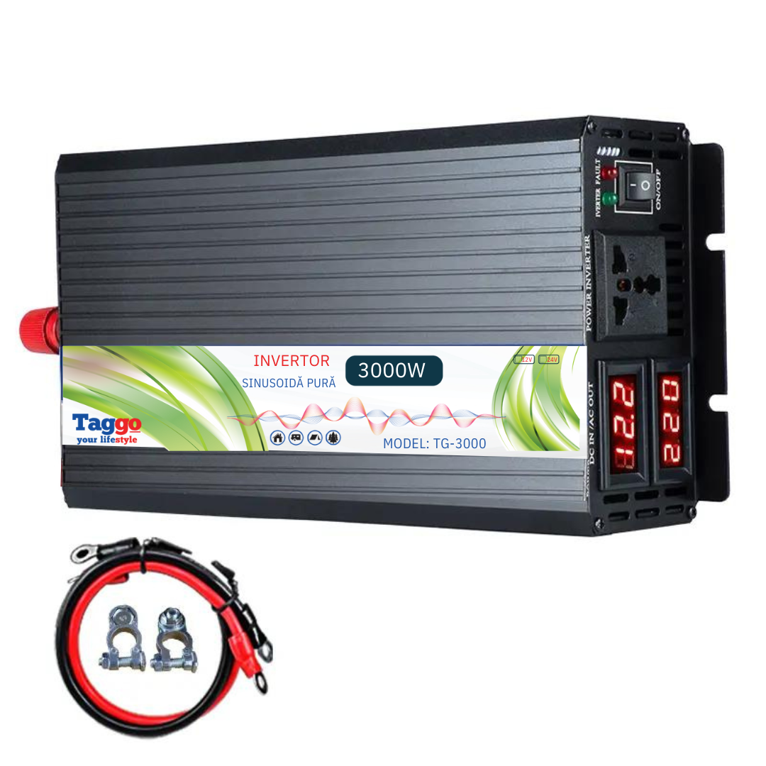 Invertor 3000W 24V – 220 V auto si panouri solare SINUS PUR, unda pura rulota, casa, cabana