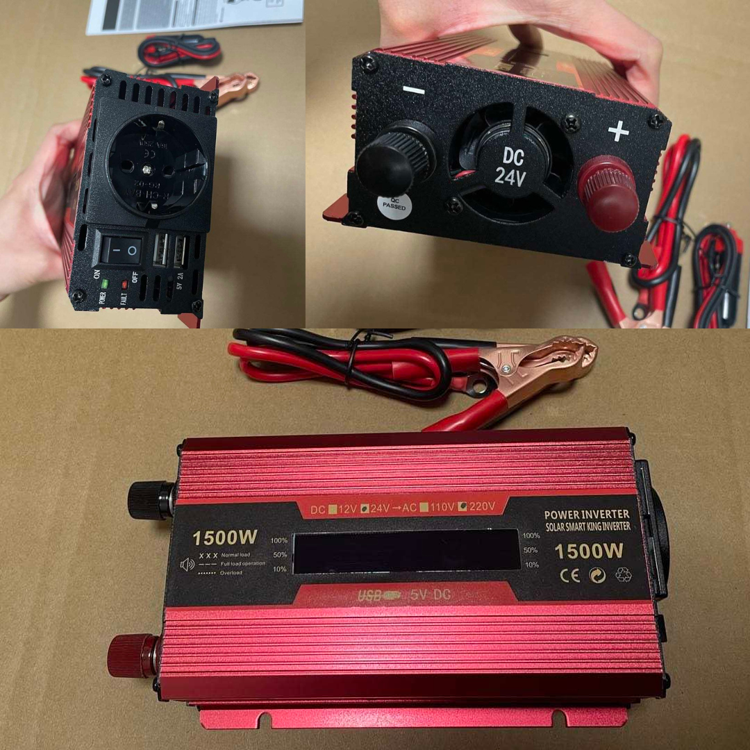 Invertor 24v 220v 1500w Unda Modificata cu Display, 1 Iesire AC Protectie Scurtcircuit 2 USB, Adaptor Auto Inclus