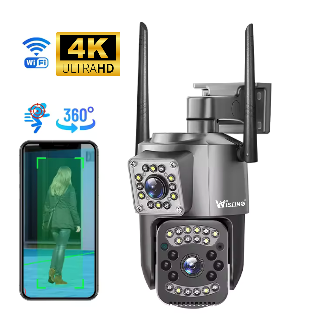 Camera de supraveghere WIFI 4K, 8MP, 2 lentile, Urmarire automata, Control din aplicatie, Rezistenta la apa IP66 - Taggo.ro