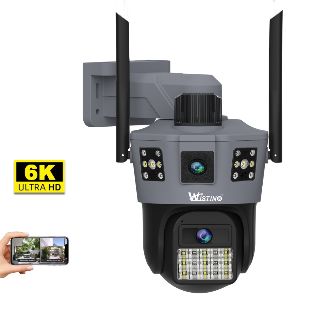 Camera de supraveghere WiFi 6K, 2 lentile, Control din aplicatie, Urmarire automata, Rezistenta la apa IP66
