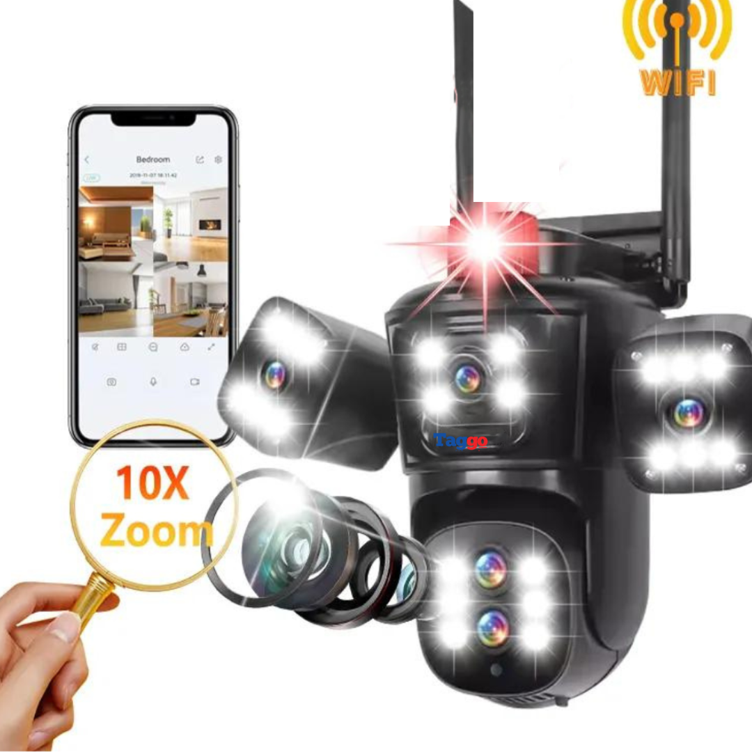 Camera de supraveghere WIFI 10K, 20MP, Zoom 10X, 5 lentile, Control din aplicatie, Comunicare bidirectionala, Urmarire automata, Multi lens - Taggo.ro