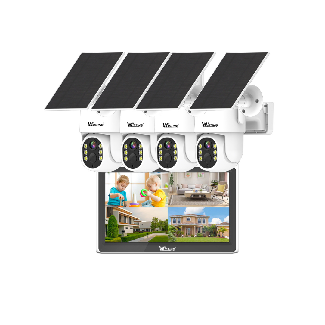 Sistem Supraveghere 4 Camere Exterior 360 Wireless Profesional cu Incarcare Solara, 4 Canale HD 4MP Wireless Monitor LCD IR 30m