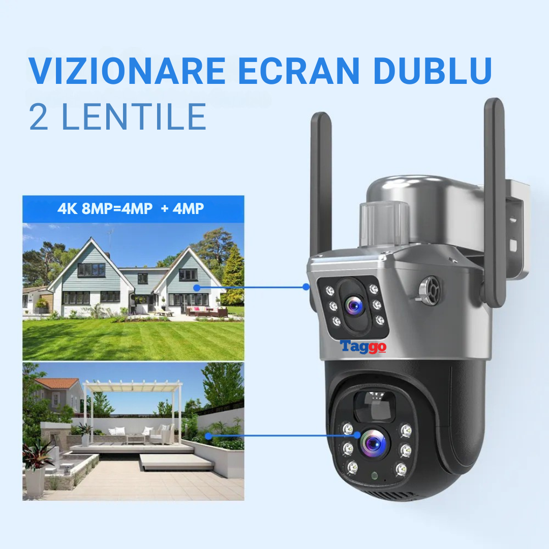 Camera Supraveghere WIFI 4K Ultra HD, Dual Camera 8MP, Incarcare Solara, Rotire Din Aplicatie, Rezistenta La Apa IP 66, Card de 64 GB