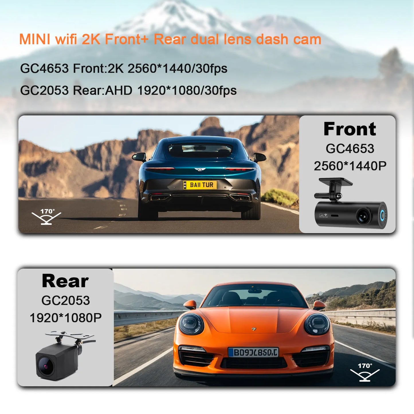 Camera auto 2K + camera spate 1080P DVR WIFI , Vizionare nocturna, Senzor GC4653, Monitorizare parcare 24H