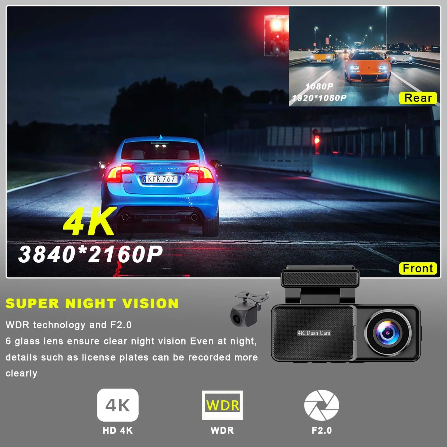 Camera auto 4K cu ecran LCD + camera spate 1080P DVR WIFI, GPS, Vizionare nocturna, Senzor SGC4663