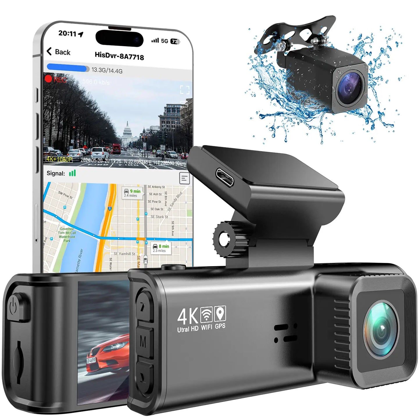 Camera auto 4K, ecran LCD + camera spate 1080P DVR WIFI, Vizionare nocturna, Senzor Sony IMX 335,