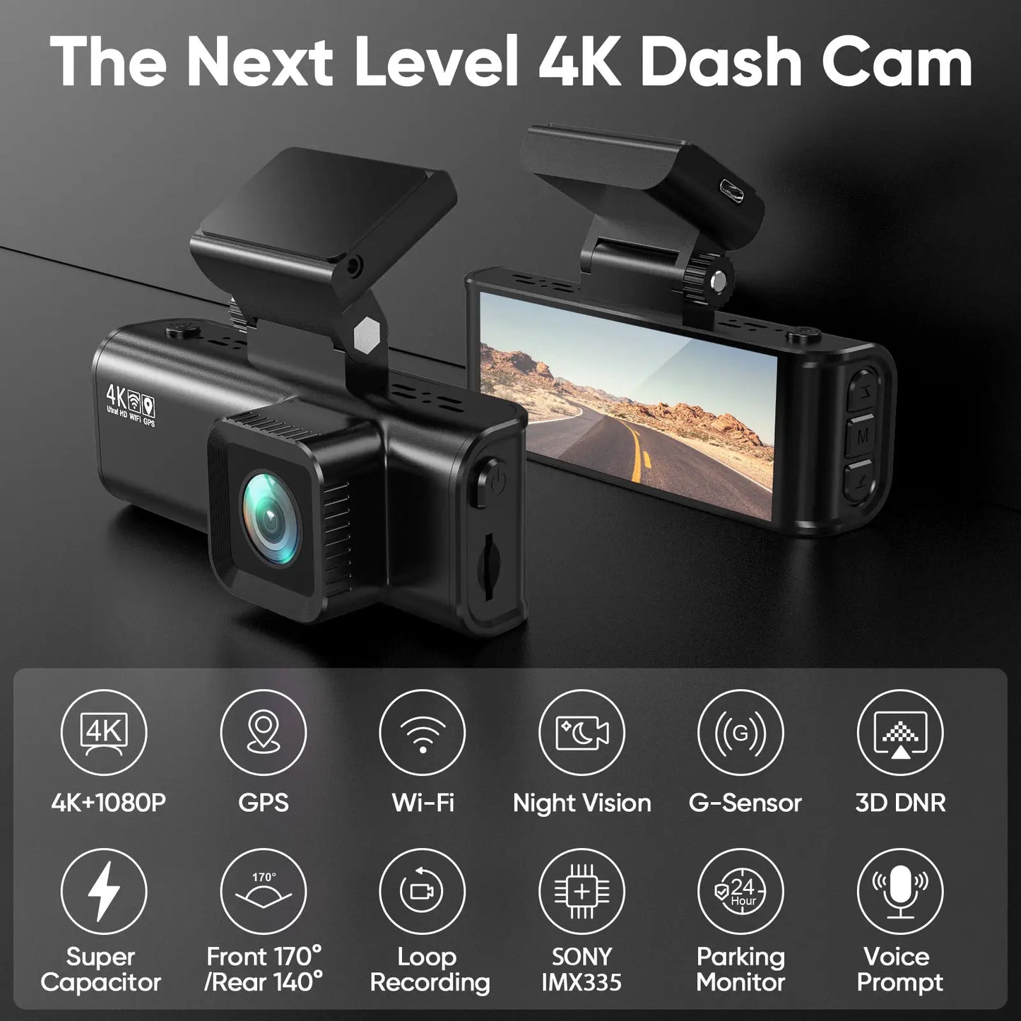Camera auto 4K, ecran LCD + camera spate 1080P DVR WIFI, Vizionare nocturna, Senzor Sony IMX 335,