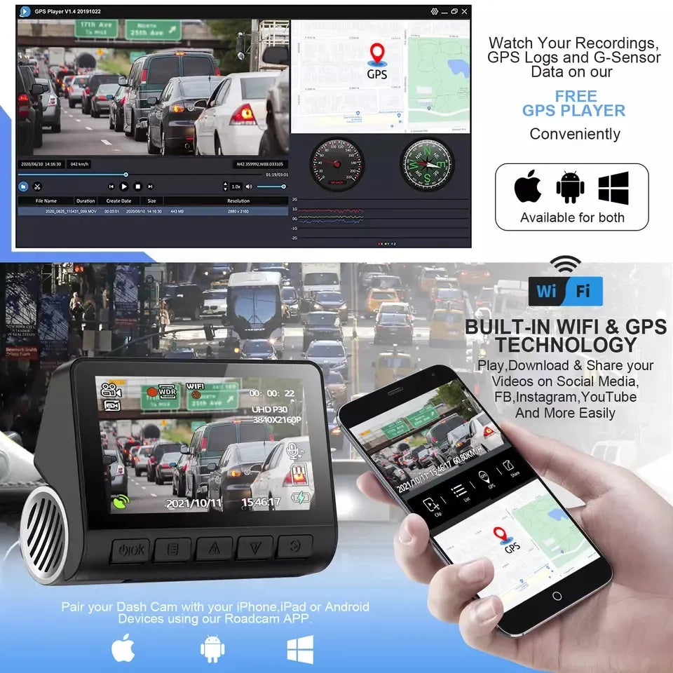 Camera Auto V55PRO 4K + camera spate 1080P, WiFi, WDR, Viziune nocturna