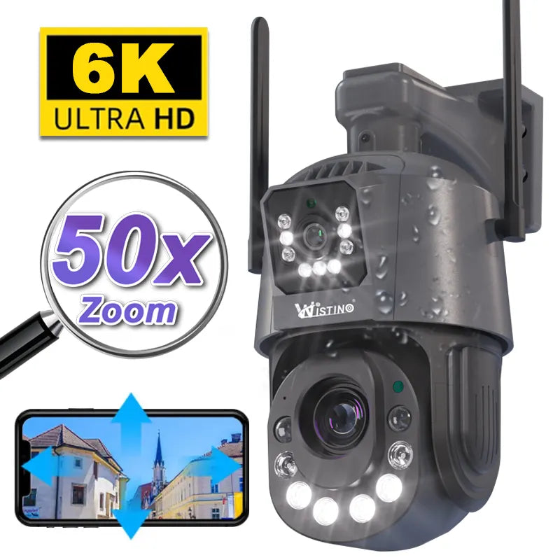 Camera de supraveghere 4G Cartela SIM 6K, 50X, 2 lentile, Control din aplicatie, Urmarire automata, Rezistenta la apa IP66 - Taggo.ro