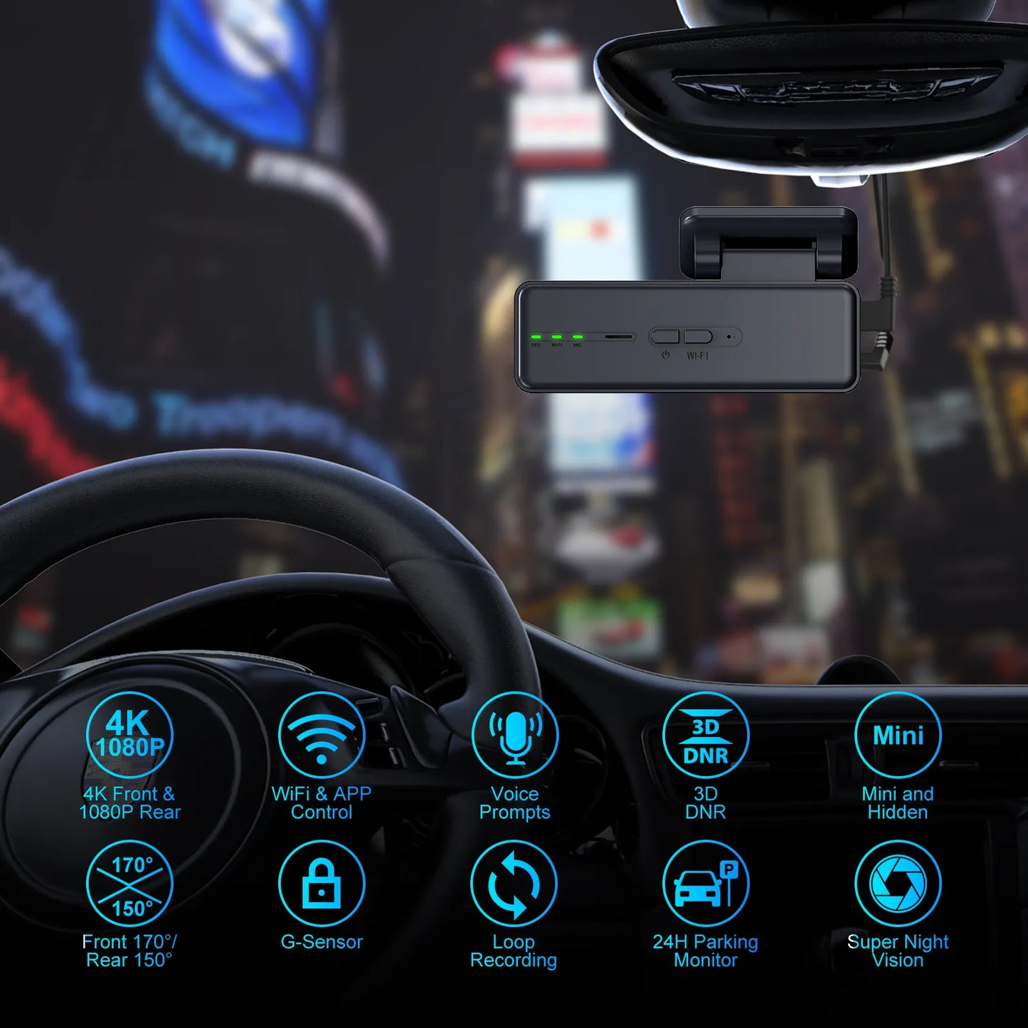 Camera auto 4K + camera spate 1080P DVR WIFI 5G, Vizionare nocturna, Senzor GC4653
