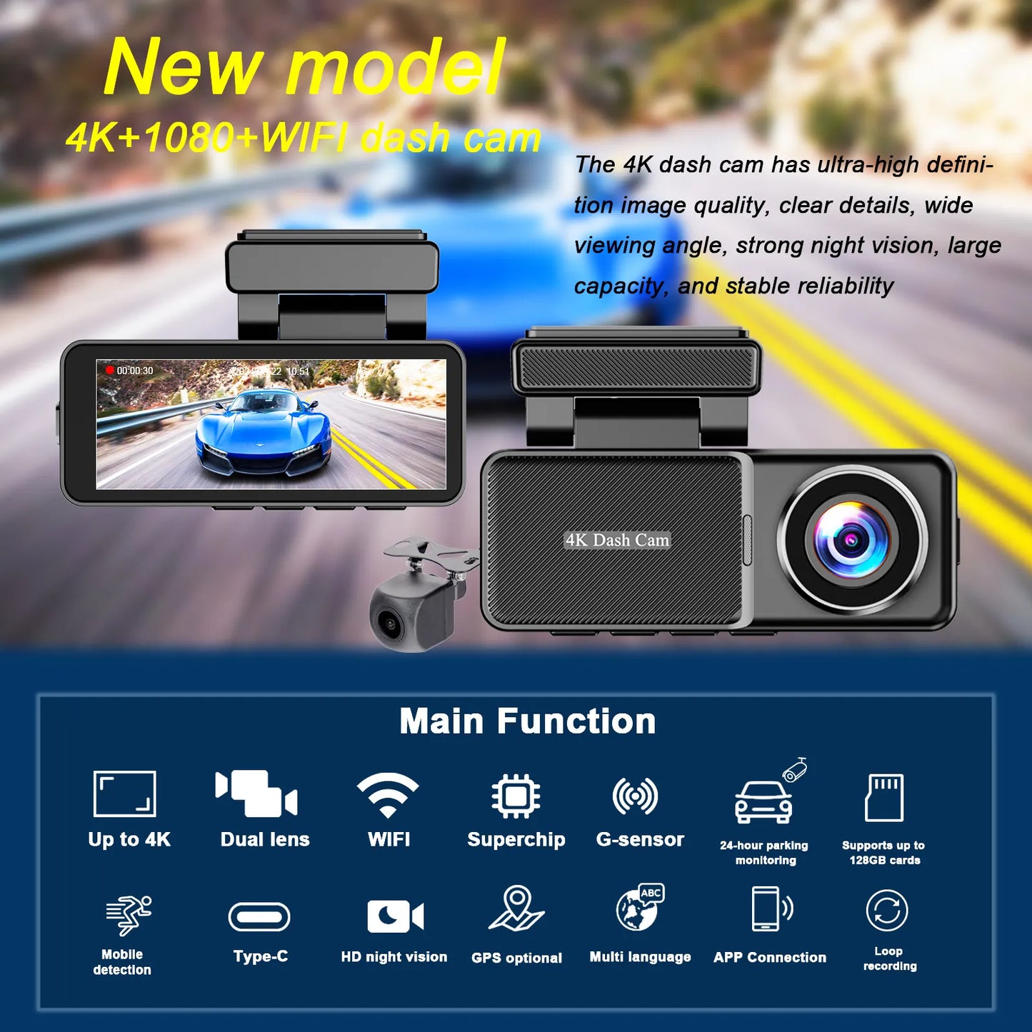 Camera auto 4K cu ecran LCD + camera spate 1080P DVR WIFI, GPS, Vizionare nocturna, Senzor SGC4663