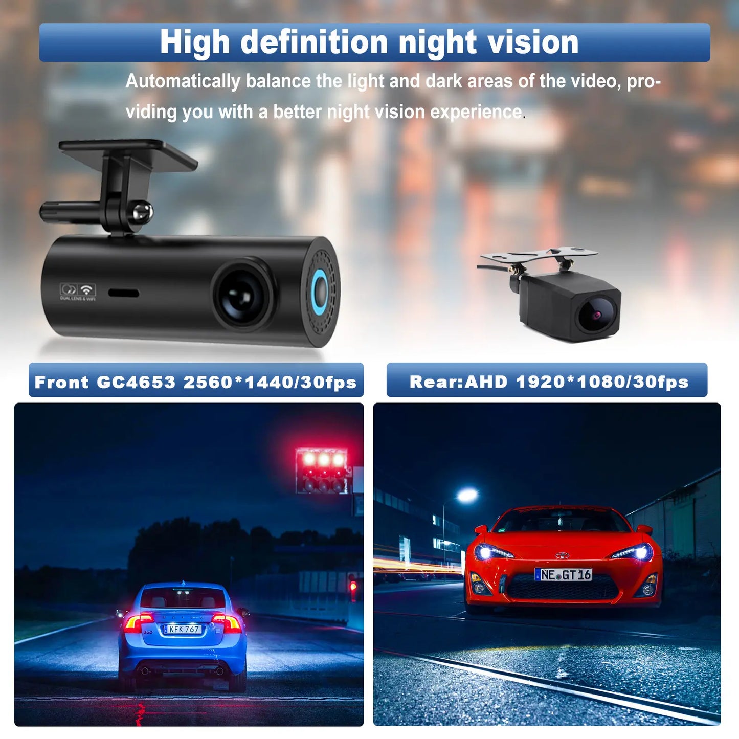 Camera auto 2K + camera spate 1080P DVR WIFI , Vizionare nocturna, Senzor GC4653, Monitorizare parcare 24H