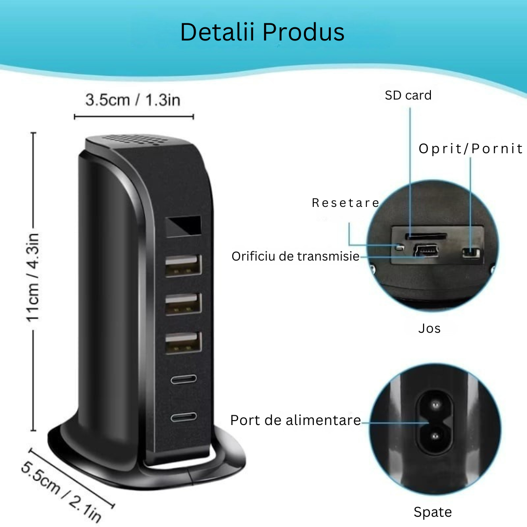 Camera spion in statie de incarcare, Wi-Fi, Full HD, senzor de miscare, 20W, 2x USB-C, 3x USB-A