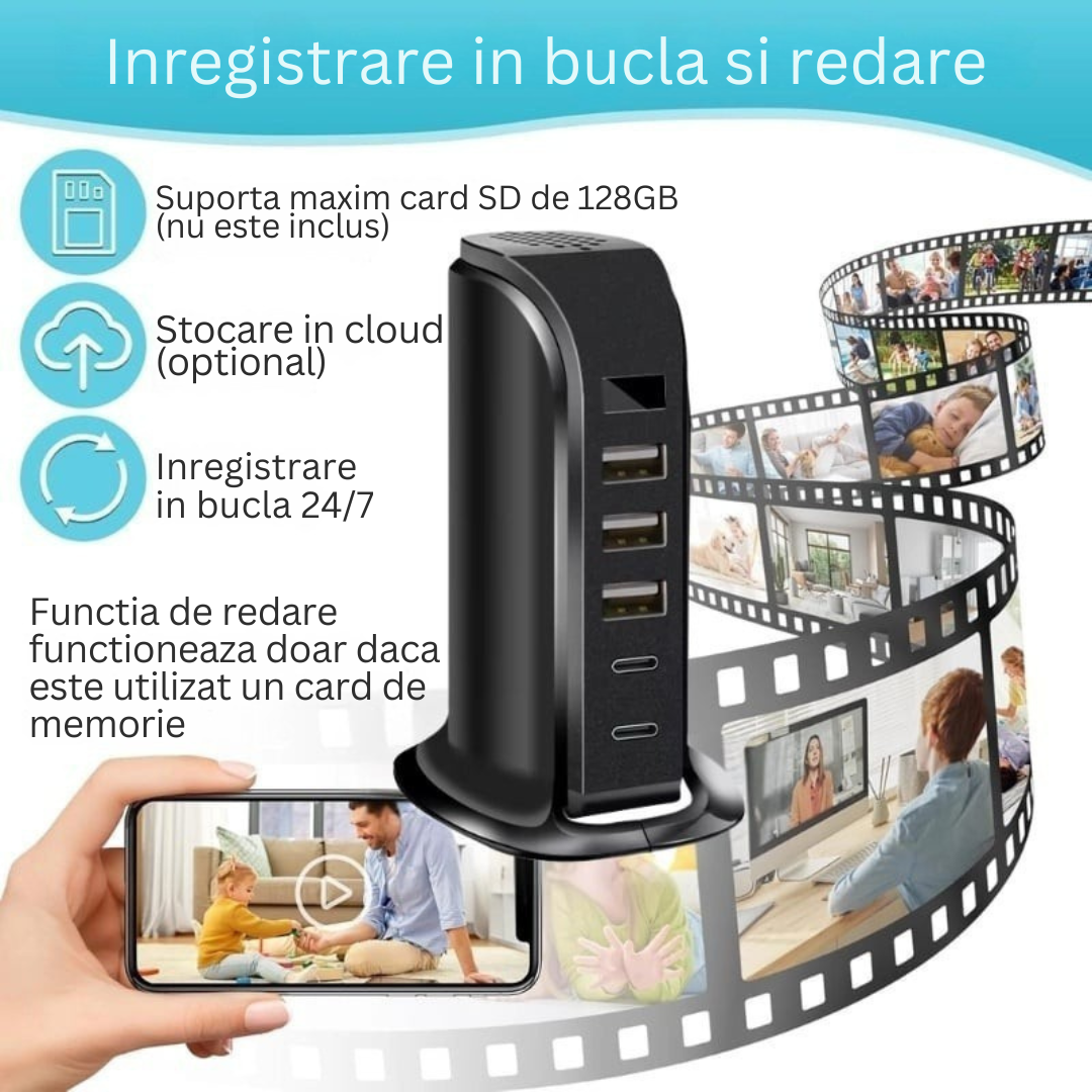 Camera spion in statie de incarcare, Wi-Fi, Full HD, senzor de miscare, 20W, 2x USB-C, 3x USB-A