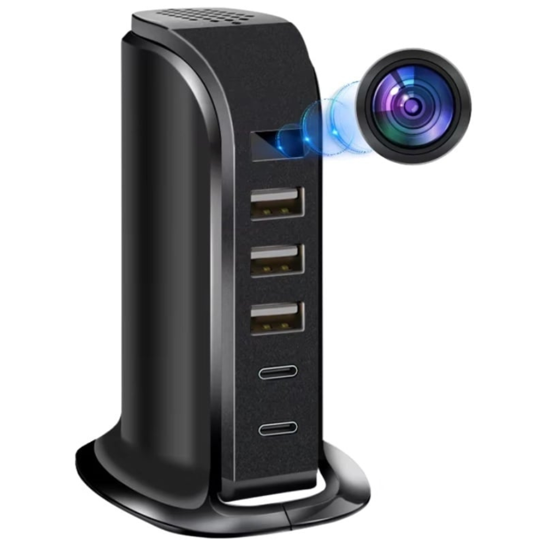 Camera spion in statie de incarcare, Wi-Fi, Full HD, senzor de miscare, 20W, 2x USB-C, 3x USB-A