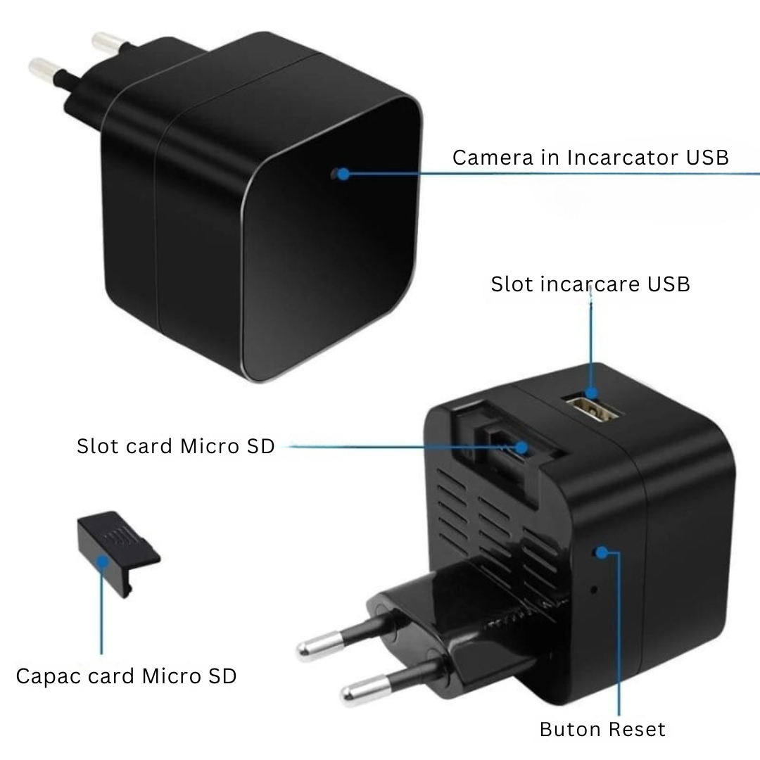 Incarcator USB cu Camera Spion, Wi-Fi, Full HD, Vedere Nocturna, Senzor de Miscare