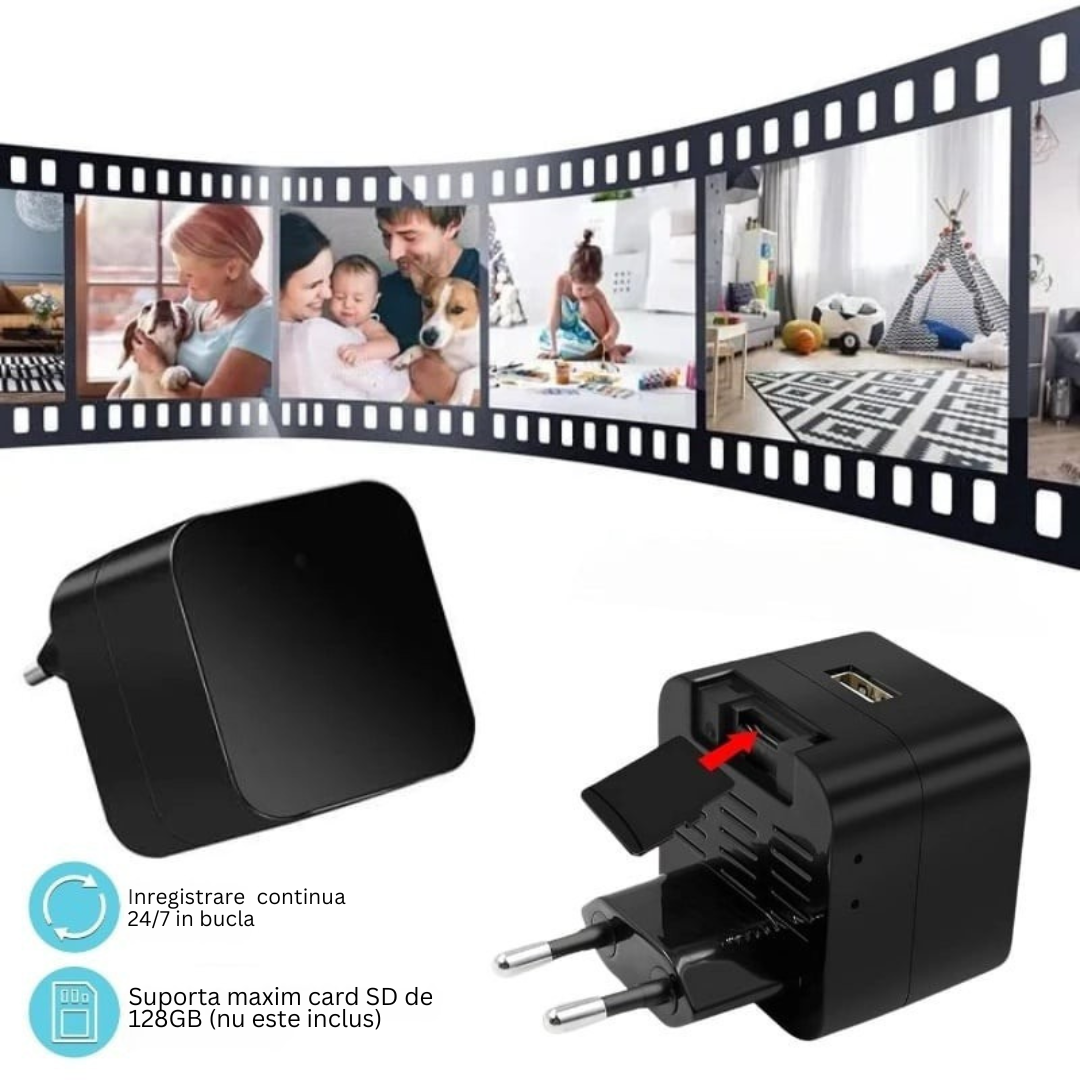 Incarcator USB cu Camera Spion, Wi-Fi, Full HD, Vedere Nocturna, Senzor de Miscare