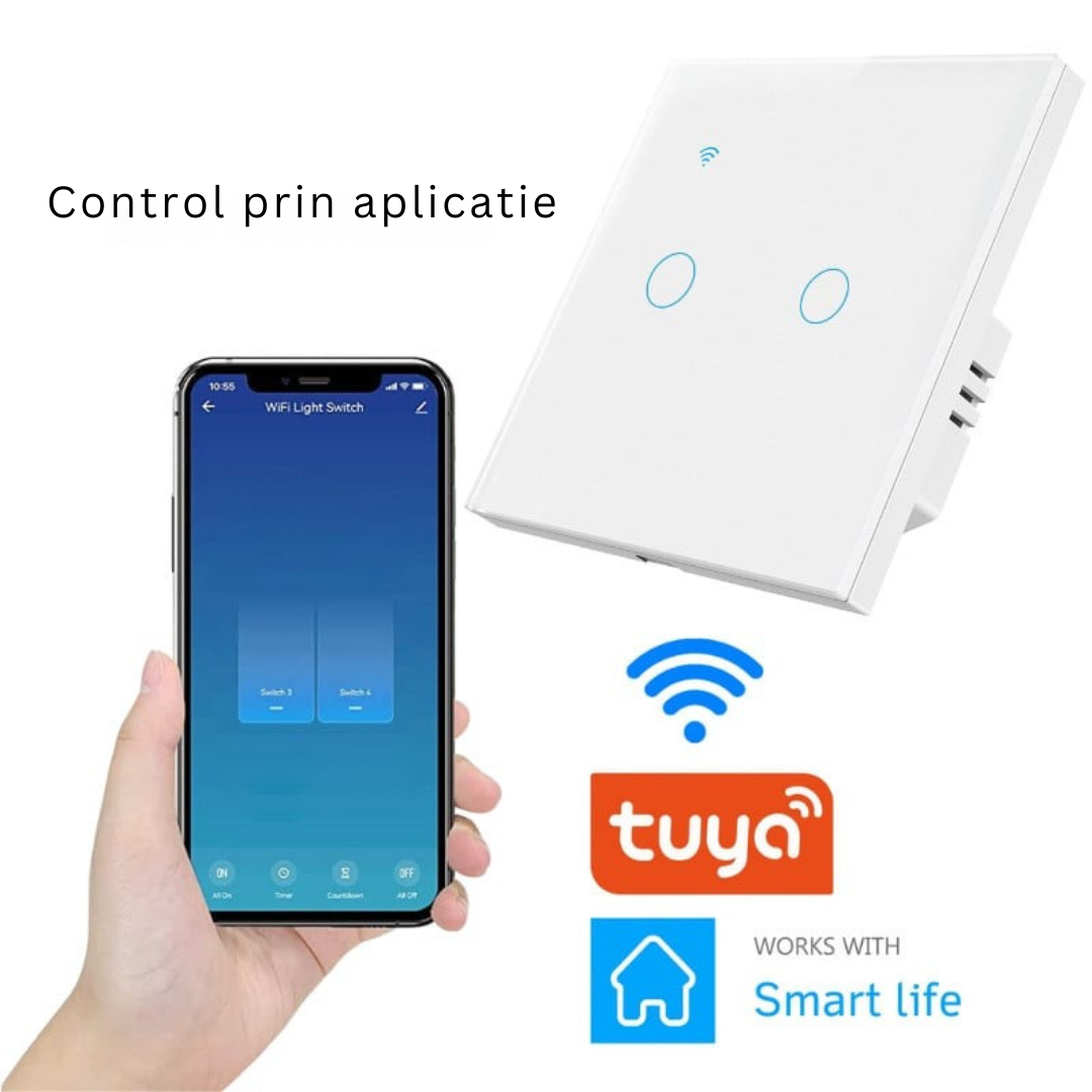 Intrerupator Smart Touch 2F, Wi-Fi, Sticla Securizata, LED