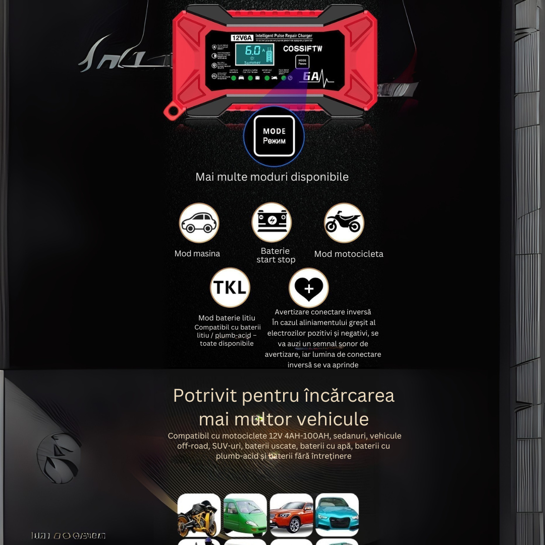 Redresor inteligent 12V 6A pentru baterii auto si moto - GEL, Plumb-Acid, LiFePO4 14.6V